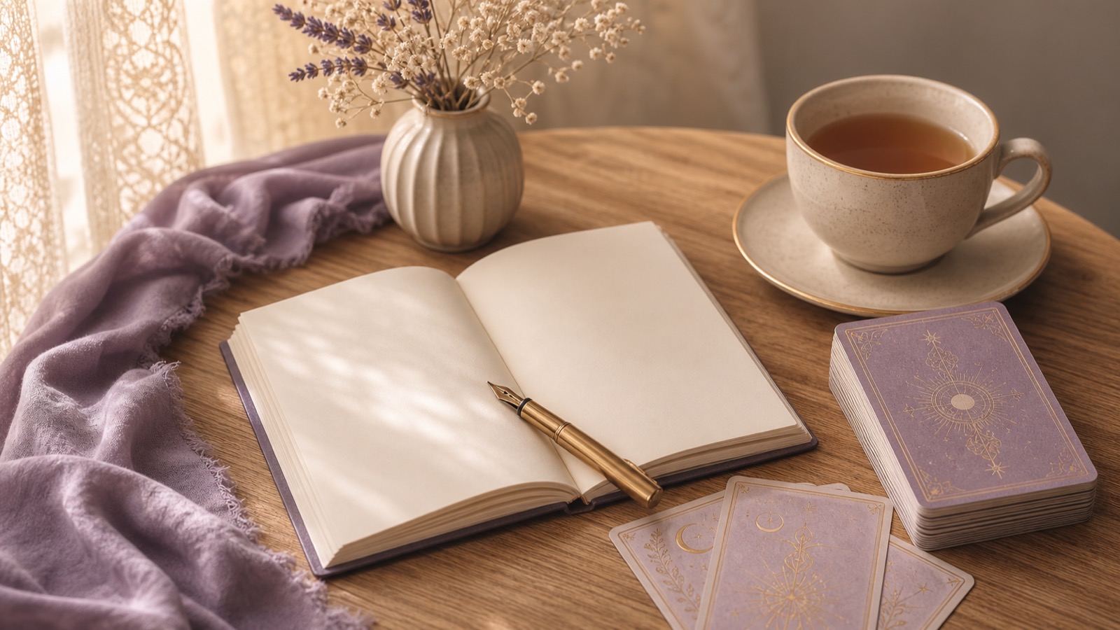 Notes, herbata, pióro i talia tarota na drewnianym stole